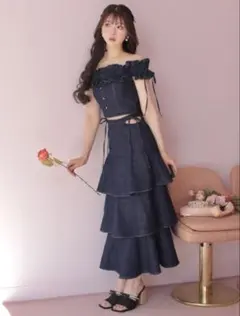 ワンピース M me eme denim docking tiered one piece M me eme denim docking tiered one piece - メルカリ