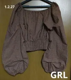 【GRL】Mサイズ　ブラウンチェック ショート丈　ブラウストップス