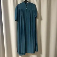古着　青緑色 プリーツロングドレス 半袖