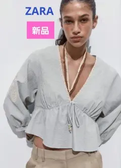 【新品】ZARA 刺繍入りブラウス　バルーンスリーブ　Lサイズ