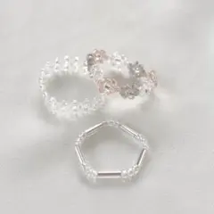 ビーズリング♡3点セット　オレンジ×グレー×クリア　フラワーリング　ハンドメイド