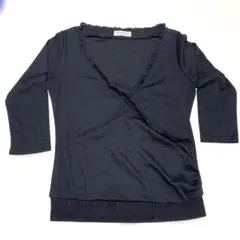 ネイビー Vネック Tシャツ フリル付き