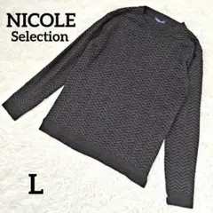 ニコルセレクション クルーネック長袖ブークレニット 凸凹編み 薄手 ブラック L