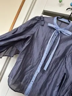 リボン付きバルーンスリーブシャツ グレー