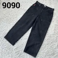 【希少モデル】9090 ワイドデニムパンツ キングロゴ刺繍 ブラック 【L】