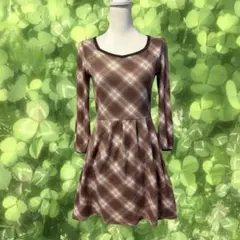 森ガール 00s LIZLISA風ブラウン系 チェック 長袖ワンピース