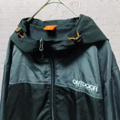 アウトドア フード付 薄手ジャケット ロゴ刺繍 プリント パーカー ダーク系 黒
