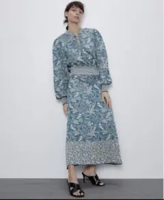 ザラ　ZARA　ロングワンピース マキシ丈 ジャガード ターコイズブルー　Ｍ
