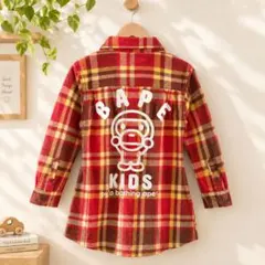 ベイシングエイプ キッズ 110 チェック柄 シャツワンピース レッド