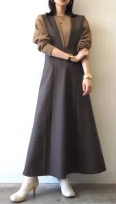 レディース　秋服　ワンピース　M ブラウン ロングワンピース フェイクレザー