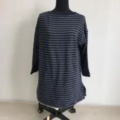 ユニクロ 五分袖カットソー ボーダー柄 グレー系 L