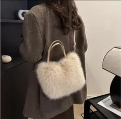 値下　フェイクファー 2wayバッグ トートバッグ ショルダーバッグ　ベージュ