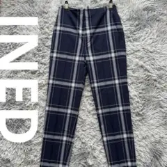 【美シルエット】INED イネド チェック柄テーパードパンツ ネイビー 7号 S