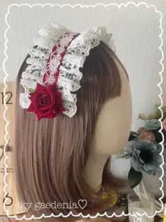 ♡赤い薔薇の花ホワイト総レース 赤リボンロリータヘッドドレス成人式量産型ゴスロリ