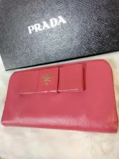 美品★【PRADA】 サフィアーノレザー 長財布 ピンク リボン　本革