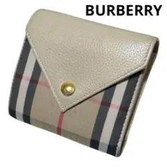 人気　バーバリー　折り財布　ノバチェック　三角フラップ　金ボタン　ベージュ