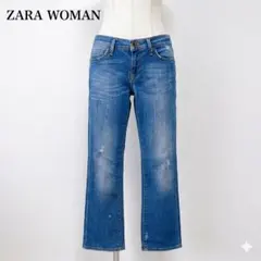 ザラウーマン XS クロップドデニムパンツ ダメージ ローライズ 着痩せ ブルーのサムネイル