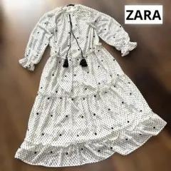 ZARA ドットロングワンピース　ティアードワンピース　刺繍