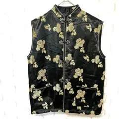 アーカイブ　y2k 00s 中綿入り　サテン　チャイナ服　ベスト　黒　花柄