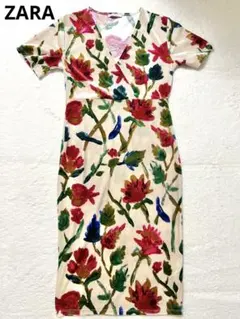 極美品✨ザラ ベロア 光沢 カシュクール 花柄 膝丈ワンピース オールシーズン