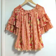TOCCA シルク100％ シフォンブラウス フリルティアード 花柄刺繍 M 