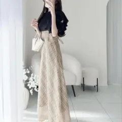mily bilet ダブルフリル袖チェックレースドッキングワンピース