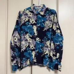 【お洒落】大柄 ボタニカル 総柄シャツ レディースL ネイビー 抽象花柄