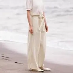 UNIQLO ユニクロ ベルテッドリネンコットンワイドパンツ ストライプ M