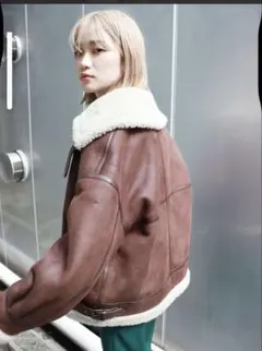 ムルーア　ブラウンレザー ボア襟 ムートンコート