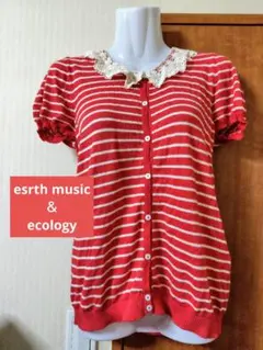 earth music＆ecology　レース付き半袖ニットカーディガン　赤　М