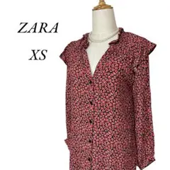 ZARA ザラ 小花柄 総柄 フリル シャツ ブラウス ロング丈 赤 XS