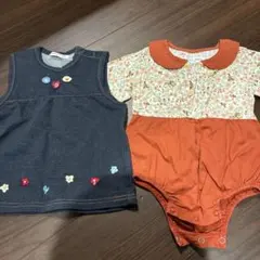 ベビー服 2点セット デニムベスト 花柄ロンパース 秋服
