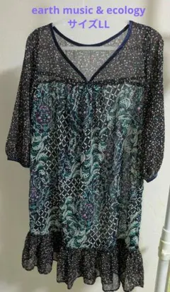 アースミュージックアンドエコロジー　チュニック　五分袖　 LL 小花柄　シアー