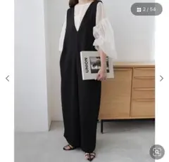 とろみ素材バックリボンサロペット　ブラック　M ワイドパンツのサムネイル