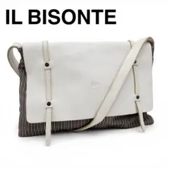 IL BISONTE レザー×キャンバス ショルダーバッグ ホワイト ストライプ