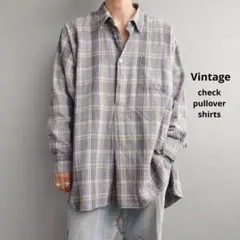 EUヴィンテージ チェックプルオーバーシャツ グランパシャツ ロングテール 古着