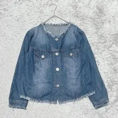 フリンジ付き　ノーカラーデニムジャケット　アウター長袖［M］ブルー系