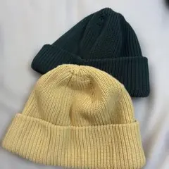 GUニット帽セット2枚組 ダークグリーン・クリームイエロー色