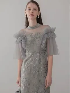 チュールフリルショルダーシアーIラインワンピースドレス結婚式パーティー二次会