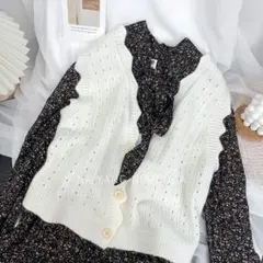 【大人気】スカラップ　ベスト　春服　インポート　韓国ファッション　ホワイトニット