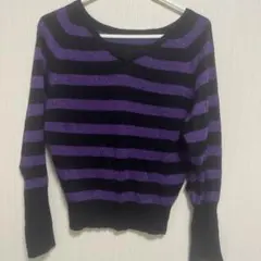 黒と紫のストライプ Vネック長袖セーター　ゎ