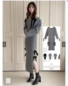 ニットカーディガン×ベロアリボンスリットワンピースセットアップ