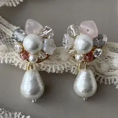 イヤリング＊ローズクォーツとパール•ビジューのイヤリング