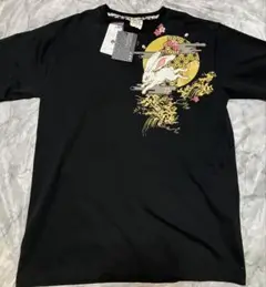 和風景 ウサギと花のグラフィック 刺繍 半袖シャツ Tシャツ 新品 黒 LL