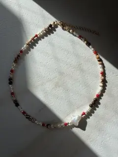 天然石と淡水パールのチョーカー クロス×赤珊瑚×ジャスパー｜金属アレルギー対応