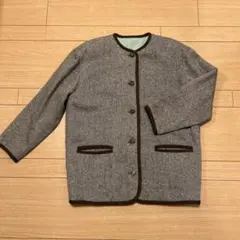 ヘリンボーン柄 ノーカラーツイードジャケット