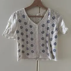 GRL かぎ編み花柄刺繍スカラップニットトップス アイボリー M