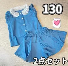 【2点セット】フリルカラーデザイントップス フレアショートパンツ デニムs