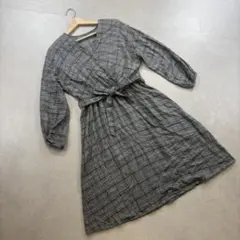 【エムズエキサイト】（M）ミモレ丈ワンピース ベルト付き チェック 千鳥柄