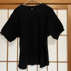 ユニクロ　ワッフルクルーネックT（五分袖）ブラック　L 409609